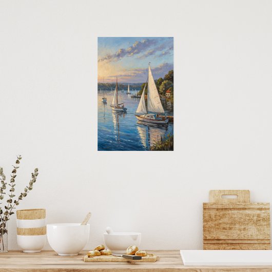 Harbor Sailboats Sunset Print | Marina Golden. Poster (Küche)