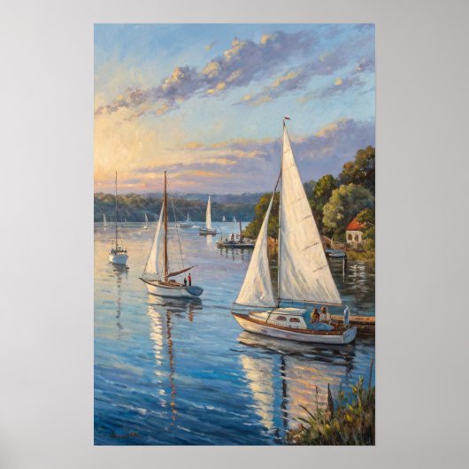 Harbor Sailboats Sunset Print | Marina Golden. Poster (Vorne)