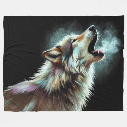 Hard Pastel Wolf auf schwarz Fleecedecke (Vorderseite (Horizontal))