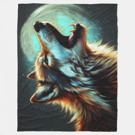 Hard Pastel Zeichnend Wolf Howling Moon Fleecedecke (Vorderseite)