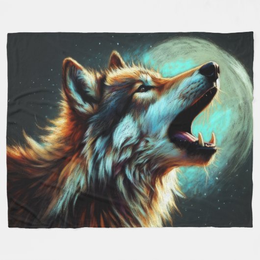 Hard Pastel Zeichnend Wolf Howling Moon Fleecedecke (Vorderseite (Horizontal))