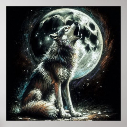 Hard Pastel Zeichnend Wolf Howling Moon Poster (Vorne)