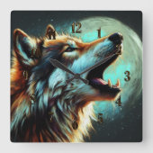 Hard Pastel Zeichnend Wolf Howling Moon Quadratische Wanduhr (Vorderseite)