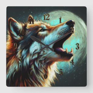Hard Pastel Zeichnend Wolf Howling Moon Quadratische Wanduhr