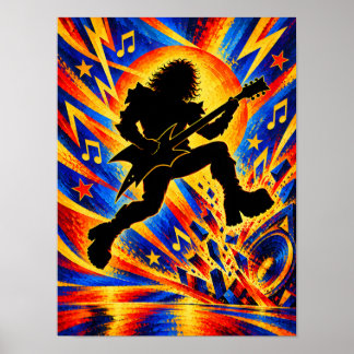 Hard-Rock-Gitarrist springt auf der Bühne Silhouet Poster