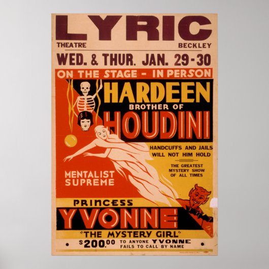 HARDEEN Magician Mentalist VAUDEVILLE Poster (Vorne)