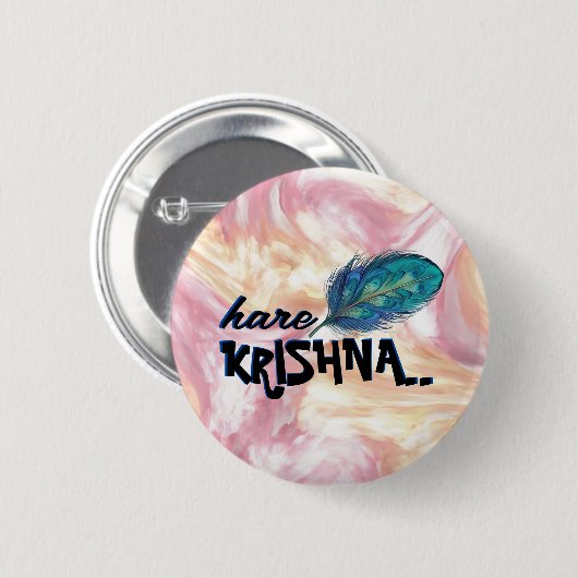 "Hare Krishna" Peacock Feather Hindu Button (Vorne & Hinten)