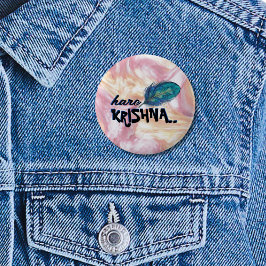 "Hare Krishna" Peacock Feather Hindu Button