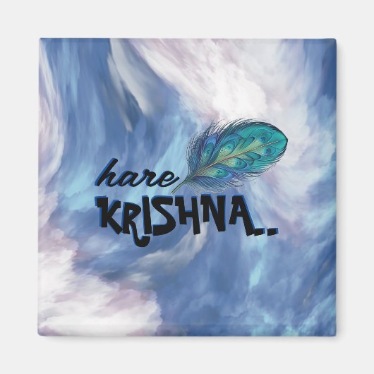 "Hare Krishna" Peacock Feather Hindu Magnet (Vorne)