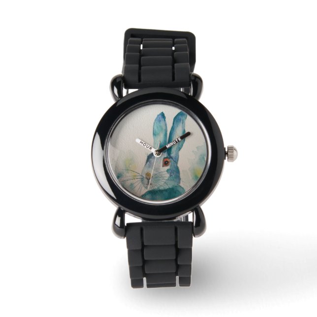 Hare Rabbit Watercolor Blue Armbanduhr (Vorderseite)