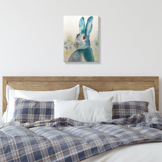 Hare Rabbit Watercolor Blue Canvas Print Leinwanddruck (Insitu (Schlafzimmer))