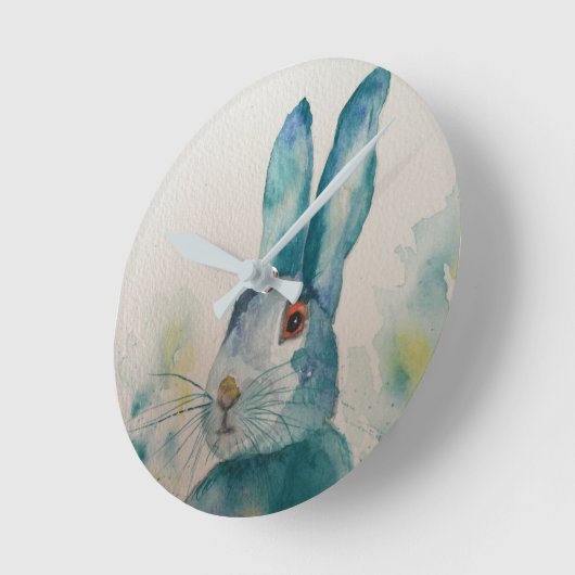 Hare Rabbit Watercolor Blue Clock Runde Wanduhr (Winkel)