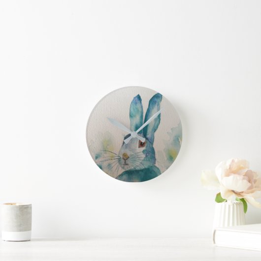 Hare Rabbit Watercolor Blue Clock Runde Wanduhr (Zuhause)