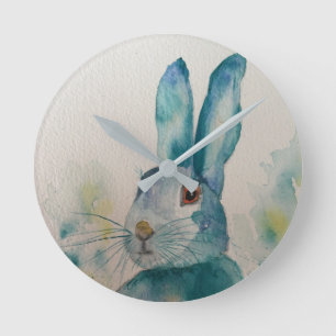 Hare Rabbit Watercolor Blue Clock Runde Wanduhr