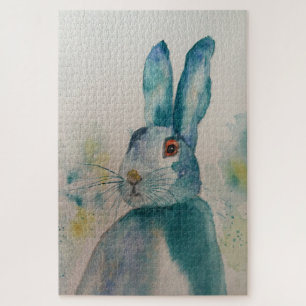 Hare Rabbit Watercolor Blue Jigsaw Puzzle