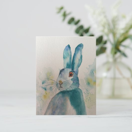 Hare Rabbit Watercolor Blue Postkarte (Stehend Vorderseite)