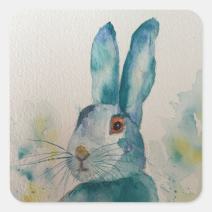 Hare Rabbit Watercolor Blue Quadratischer Aufkleber
