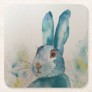 Hare Rabbit Watercolor Blue Rechteckiger Pappuntersetzer