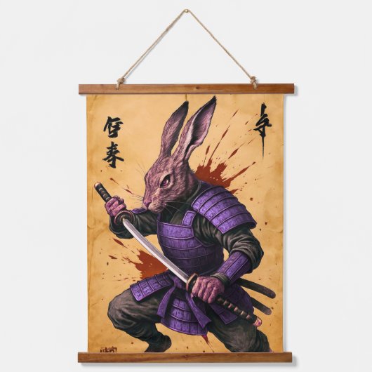 Hare Samurai - Rabbit Warrior - Japanischer Tinte Wandteppich Mit Holzrahmen (Vorderseite)