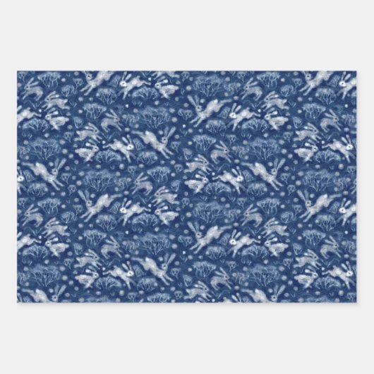Hares Field Bunnies Kanbits Muster Blau Weiß Geschenkpapier Set (Vorderseite 3)