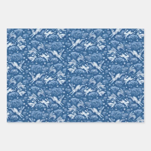 Hares Field Bunnies Kanbits Muster Blau Weiß Geschenkpapier Set (Vorderseite 2)