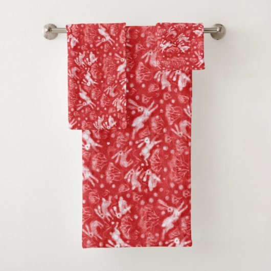 Hares Snow Field Bunnies Rabbit Winter Pattern Red Badhandtuch Set (Insitu)