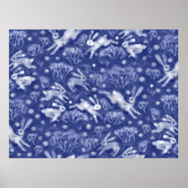Hares Snow Field Weiße Kaninchen Winter Animal Blu Poster