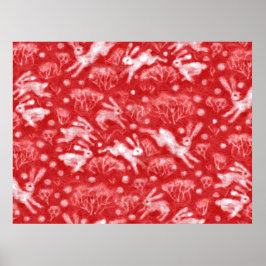 Hares Snow Field White Kanbits Winter Animals Red Poster