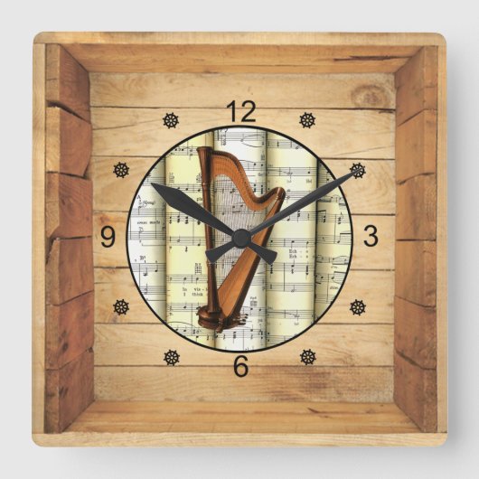Harfe ~ 3 Dimensionen ~ Folk Art Box ~ Quadratische Wanduhr (Vorderseite)