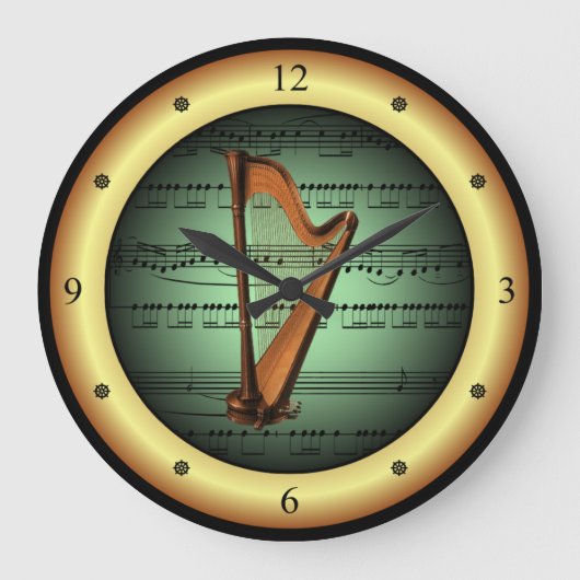 Harfe auf Blatt Musik ~ Green on Gold Background ~ Große Wanduhr (Vorderseite)