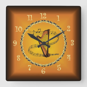Harfe auf Musikalische Rollen & Russet Orange ~ Quadratische Wanduhr