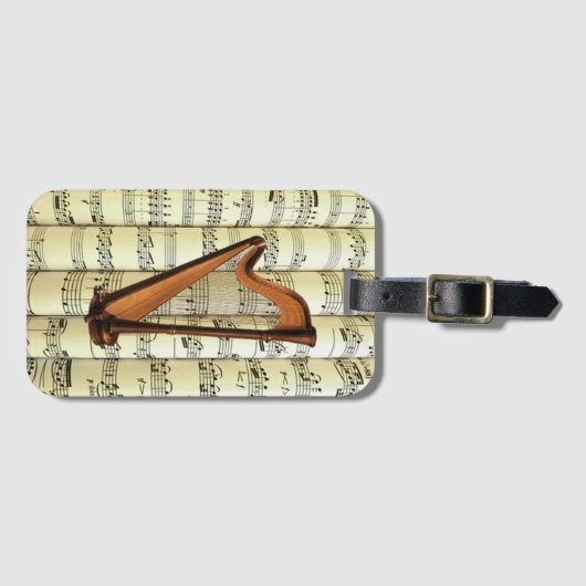 Harfe auf Notenblättern ~ Gepäckanhänger (Vorderseite (Horizontal))