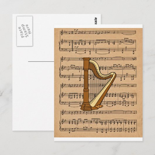 Harfe mit Notenhintergrund Postkarte (Vorne/Hinten)
