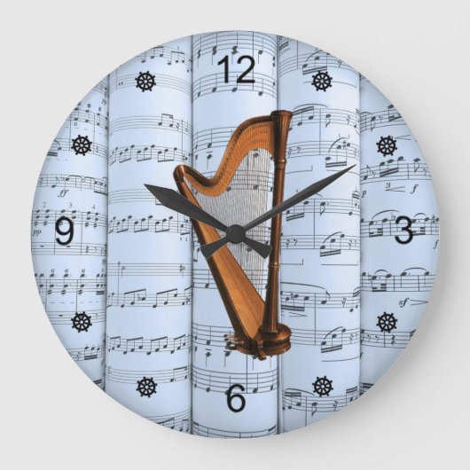 Harfe ~ Rolled Sheet Music ~ Blue Tint Background Große Wanduhr (Vorderseite)