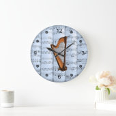 Harfe ~ Rolled Sheet Music ~ Blue Tint Background  Große Wanduhr (Zuhause)