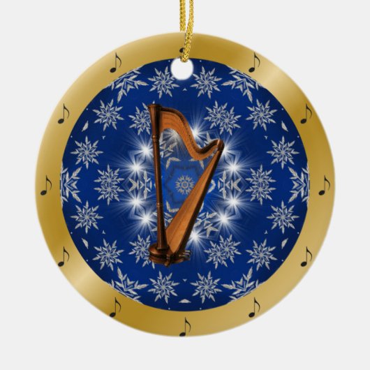 Harfe ~ Silber ~ Blau ~ Gold ~ Weihnachten Keramik Ornament (Vorne)