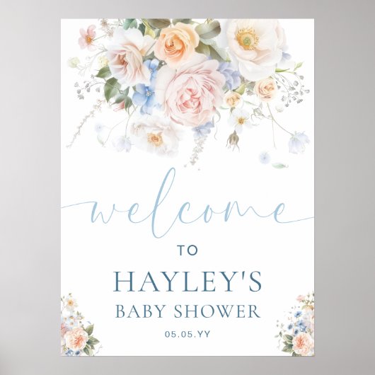 Hargrove Blue Floral Baby Dusche Begrüßungszeichen Poster (Vorne)