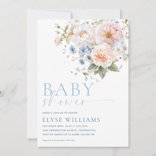 Hargrove Blue Floral Baby Dusche Einladung (Vorderseite)