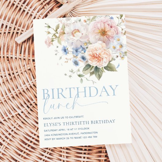 Hargrove Blue Floral Geburtstagsessen Einladung