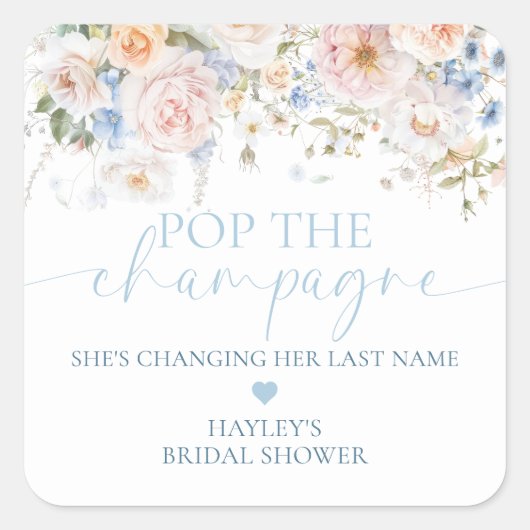 Hargrove Blue Floral Pop Die Champagnerdusche Quadratischer Aufkleber (Vorderseite)