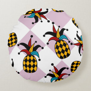 Harlekin-Ananas: Stilisierte Doodle-Vintage Rundes Kissen