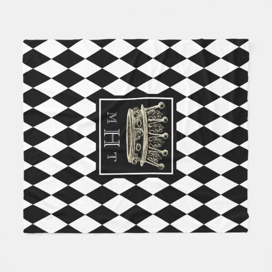 Harlekin-Kronen-Schwarzweiss-Diamant-Monogramm Fleecedecke (Vorderseite (Horizontal))