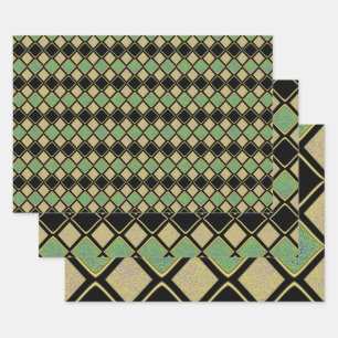 Harlekin-Muster in Gold, Grün und Schwarz Geschenkpapier Set