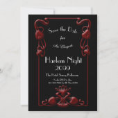 HARLEM Night, Black, RED, White, Floral, Art Deco Einladung (Vorderseite)
