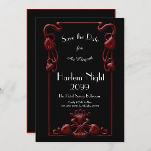 HARLEM Night, Black, RED, White, Floral, Art Deco Einladung