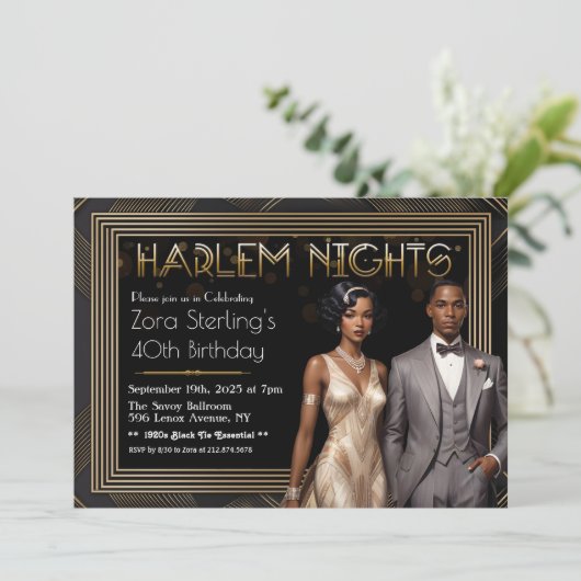 Harlem Nights Art Deco African American Birthday Einladung (Stehend Vorderseite)