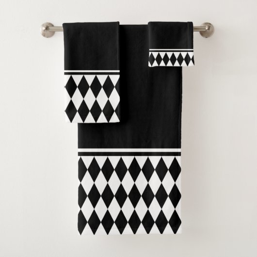 Harlequin Black and White Diamond Pattern Badhandtuch Set (Insitu)