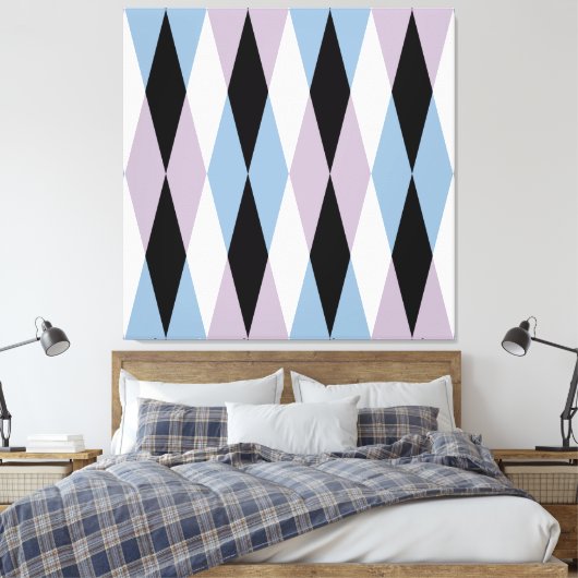 Harlequin Diamond Pattern - Blau und Dusty Lilac Leinwanddruck (Insitu (Schlafzimmer))