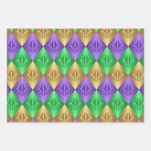 Harlequin Fleur-de-Lis Mardi Gras-Muster Geschenkpapier Set (Vorderseite 3)