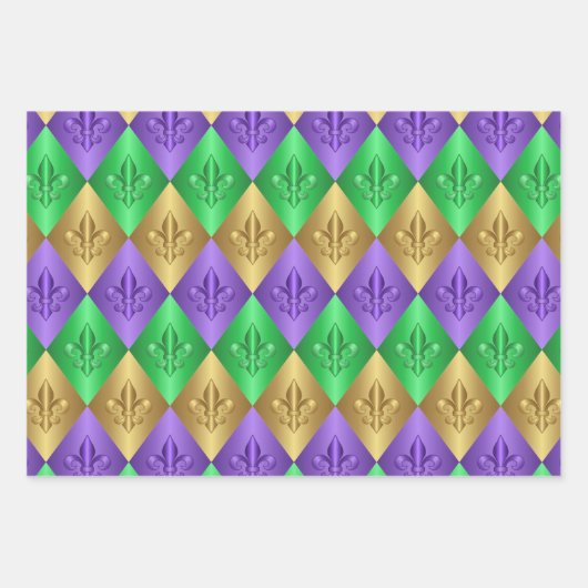 Harlequin Fleur-de-Lis Mardi Gras-Muster Geschenkpapier Set (Vorderseite)